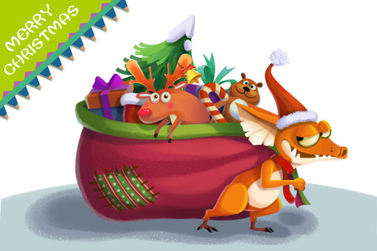 Illustration: The Christmas Thief Steal Your and other Children's Gift and Put all of them in a Big Gift Bag. Are you still Happy? Realistic Fantastic Cartoon Style Character / Holiday Card Design.