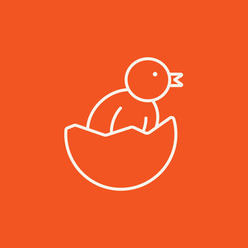 Chick peeking out of egg shell line icon.