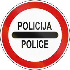 Slovenian regulatory road sign with the word Police in Slovenian and English