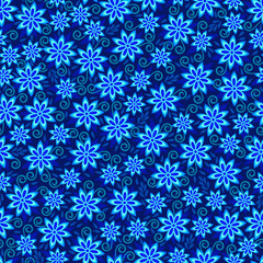 Floral seamless pattern with blue flowers, leaves and swirls.