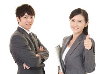 ガッツポーズのOLとビジネスマン