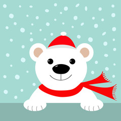 Big white polar bear in santa claus hat and scarf. Merry Christmas Greeting Card. Blue background with snow. Flat design