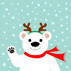 Big white polar bear in deer horn and scarf, waving hand paw.  Merry Christmas Greeting Card. Blue background with snow. Flat design