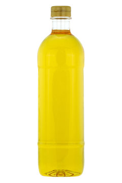 A bottle of Rice bran oil, cooking oil extracted from the hard outer brown layer of rice after husk with natural antioxidant properties, isolated on white background