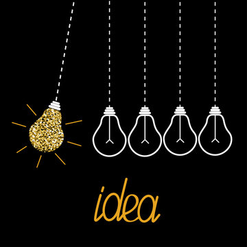 Hanging gold glitter light bulbs. Dash line. Perpetual motion. Idea concept.