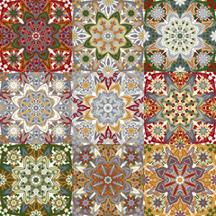 Islamic damask backgrounds colorful set, beautiful ornamentation, fashioned seamless patterns, vector wallpapers, floral wrapping papers, swatch fabrics for decoration and design