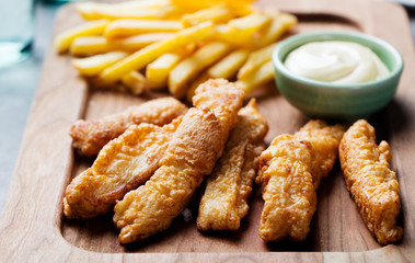 Crispy Fish and Chips, Tartar Sauce. British food 