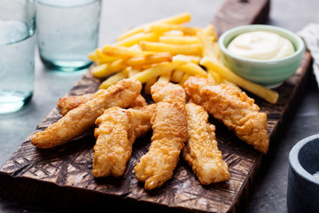 Crispy Fish and Chips, Tartar Sauce. British food 