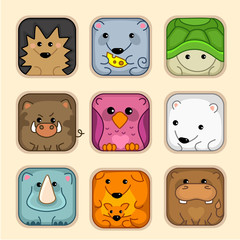 Set of square icons with the image of wild and domestic animals
