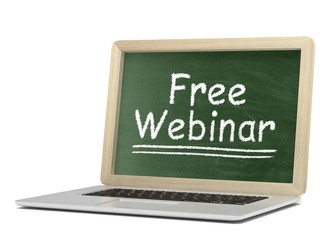  Laptop with chalkboard, free webinar, online education concept