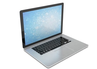 3d rendering of a laptop with blue wallpaper with app icon