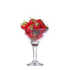 Fresh strawberry fruit in a glass dish isolated on a white background.