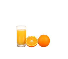 Orange juice and slices of orange isolated on white