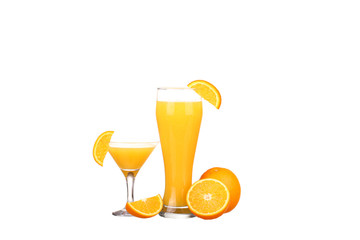 Orange juice and slices of orange isolated on white