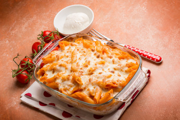 oven pasta pizzaiola with tomato and mozzarella