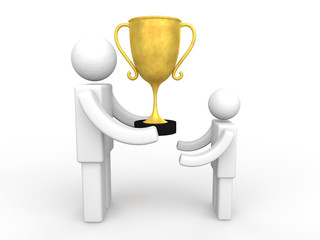 3d man giving golden trophy cup