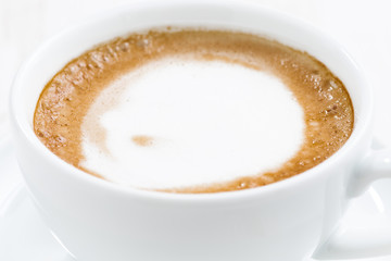 cup of cappuccino on a white wooden table, closeup