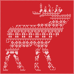 Scandinavian Nordic winter stitching  knitting  christmas pattern in  in reindeer body  shape  including snowflakes, hearts xmas trees christmas presents, snow, stars, decorative ornaments  in red