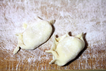 Prepared for cooking dumplings on a floured board.