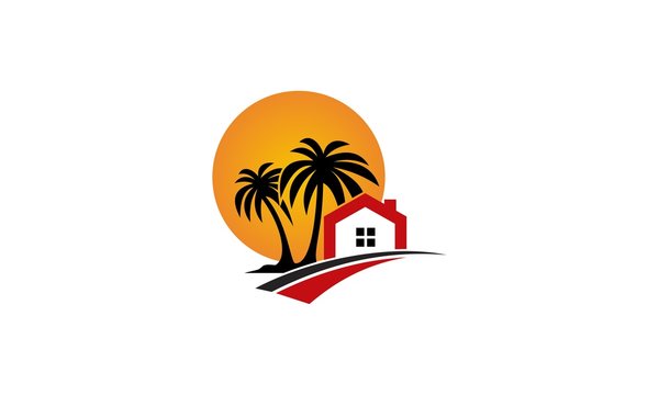  lanscape Palm trees silhouette with sun design logo