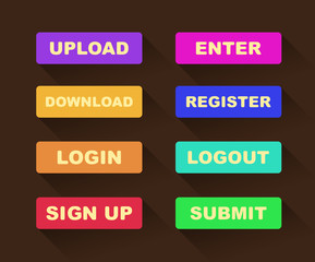 Web UI icon elements- Login, Sign up, Submit, Download, Upload, Enter and Logout buttons. Vector illustration.
