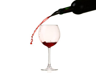 red wine glass on a white background, splash