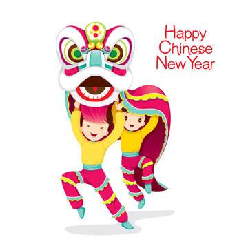 Boys With Lion Dancing, Traditional Celebration, China, Happy Chinese New Year