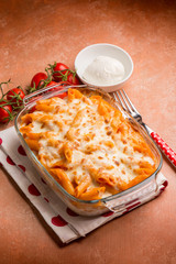 oven pasta pizzaiola with tomato and mozzarella