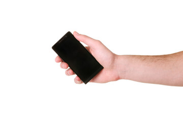 Mobile phone in male hand isolated on white background