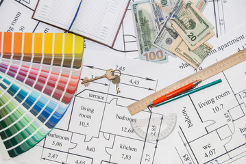 architectural drawings, palette of colors designs, drawing tools