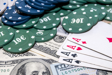 poker cards, american money, poker chips. business concept