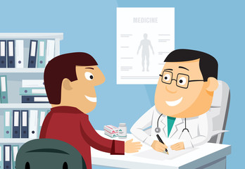 Cartoon doctor and patient. Examination by a doctor. Prescription drugs. Vitamins and antibiotics. Funny vector flat simple illustration.