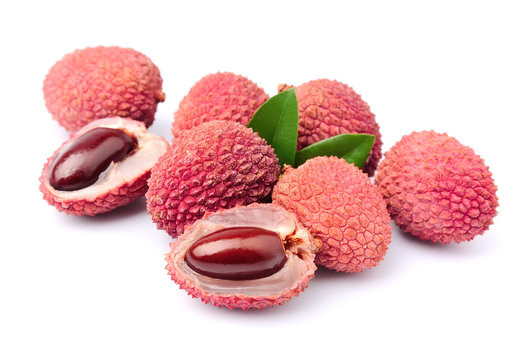 Sweet lychees fruits with leaves