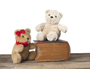 two Teddy bears on wood and old book