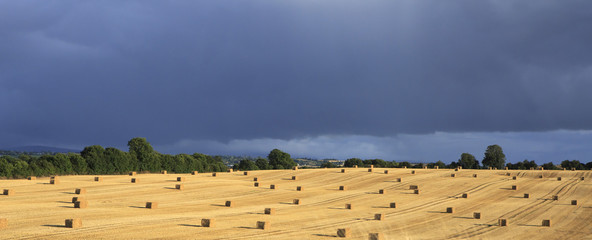 Beautiful field with straw bales and storm clouds