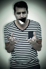 Composite image of astonished man gesturing