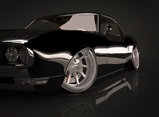 3d illustration of black tuned muscle car on black background - obrazy, fototapety, plakaty