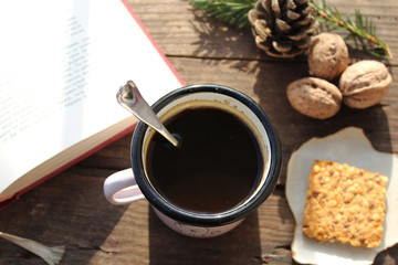 Christmas concept - mug with hot chocolate, walnut, pine cone, cookie, opened book and fir tree - winter concept