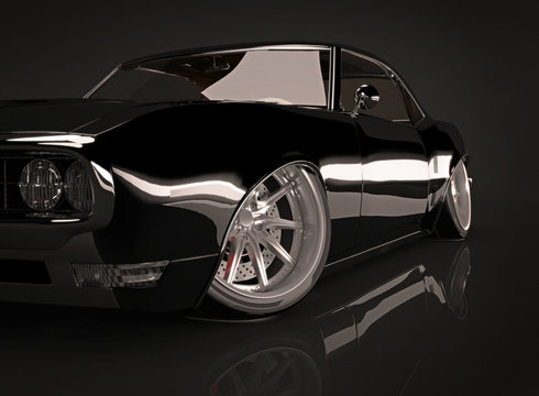 3d illustration of black tuned muscle car on black background