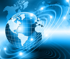 Best Internet Concept of global business. Globe, glowing lines on technological background. Electronics, Wi-Fi, rays, symbols Internet, television, mobile and satellite communications