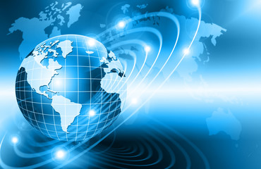 Best Internet Concept of global business. Globe, glowing lines on technological background. Electronics, Wi-Fi, rays, symbols Internet, television, mobile and satellite communications