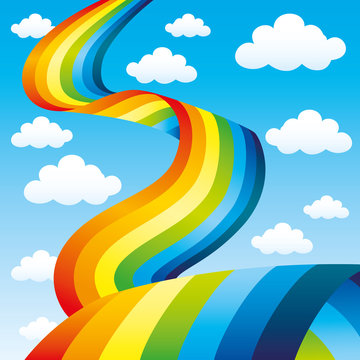 Bright rainbow and clouds in the blue sky