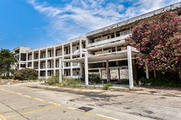 Ruins of abandoned hotel building