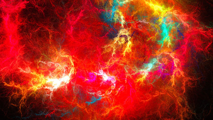 Stormy sky. Sparkling fierce lightning, fiery lava. Abstract image. Fractal Wallpaper desktop. Digital artwork creative graphic design. Format 16:9 widescreen monitors.