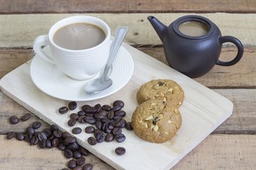Hot coffee with a snack or cake during break time a little happiness at work.