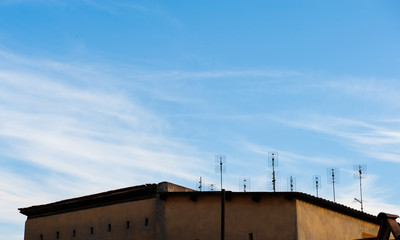 Group of old terrestrial tv antennas on roof