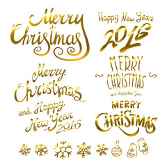 golden glowing Merry Christmas and happy New Year 2016 lettering collection. Vector illustration set