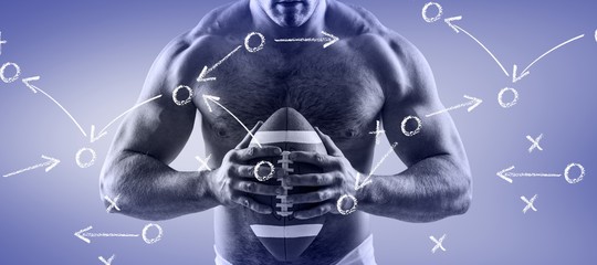 Composite image of shirtless american football player with ball