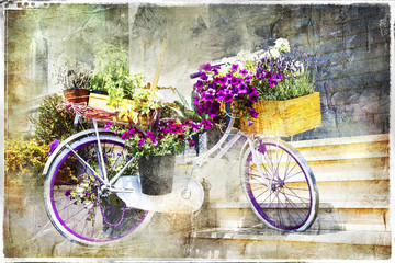 Fototapety  urocze uliczki dekoracje - kwiatowy rower, grafika w malarskim stylu