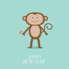 Cute monkey with candy cane. New Year 2016.  Baby illustration. Blue background. Greeting card  Flat design